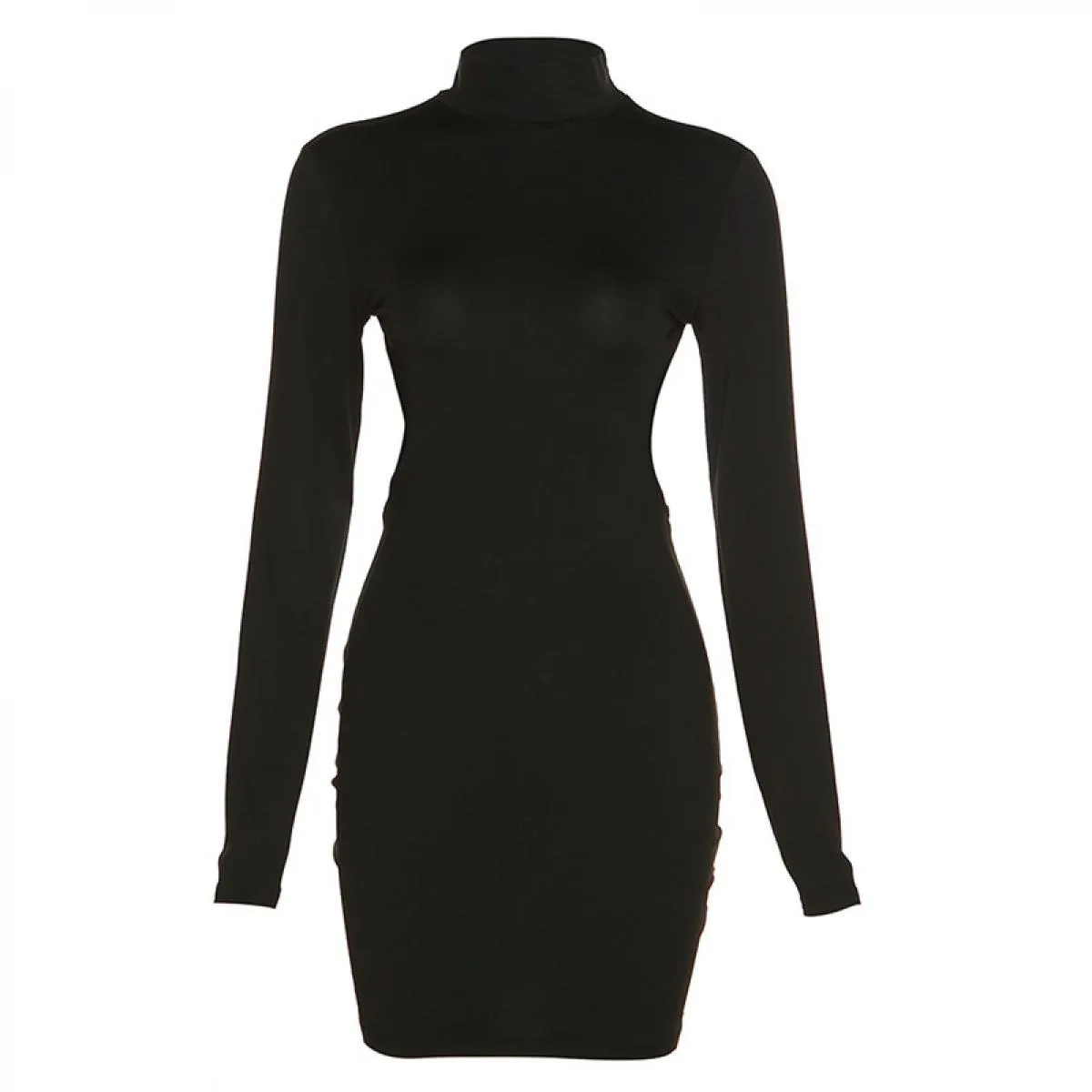 Mini abito a maniche lunghe senza schienale da donna collo alto a metà collo solido sottile Clubwear corto aderente 2023 ballo d